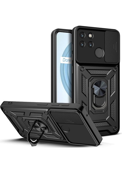 Oppo Realme C21Y Için Kaydırmalı Kamera Kapaklı ve Halka Tutucu Standlı Sağlam Zırh Koruma Çantası Kılıf (Yurt Dışından)