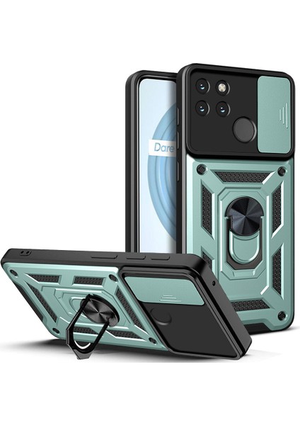 Oppo Realme C21Y Için Kaydırmalı Kamera Kapaklı ve Halka Tutucu Standlı Sağlam Zırh Koruma Çantası Kılıf (Yurt Dışından)