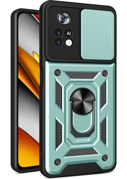 Xiaomi Poco X4 Pro 5g Için Kaydırmalı Kamera Kapaklı ve Halka Tutucu Standlı Sağlam Zırh Koruma Çantası Kılıf (Yurt Dışından)