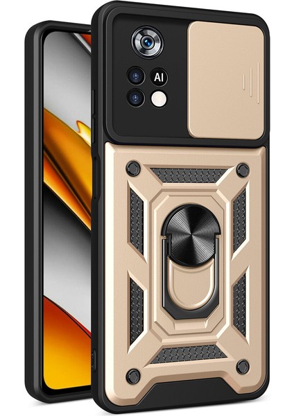 Xiaomi Poco X4 Pro 5g Için Kaydırmalı Kamera Kapaklı ve Halka Tutucu Standlı Sağlam Zırh Koruma Çantası Kılıf (Yurt Dışından)