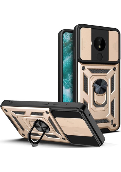 Nokia C30 Için Kaydırmalı Kamera Kapaklı ve Halka Tutucu Standlı Sağlam Zırh Koruma Çantası Kılıf (Yurt Dışından)