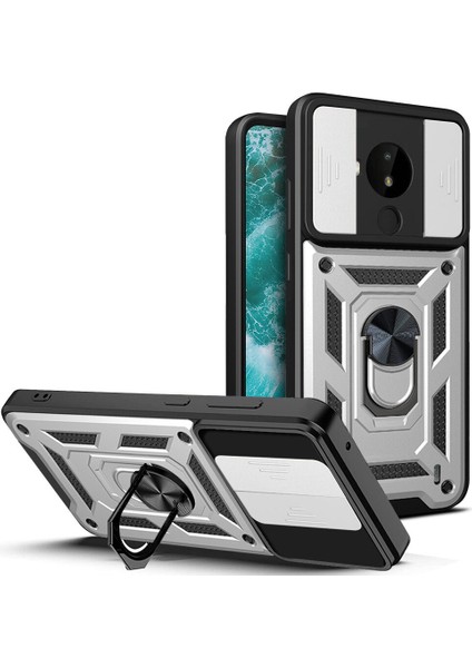 Nokia C30 Için Kaydırmalı Kamera Kapaklı ve Halka Tutucu Standlı Sağlam Zırh Koruma Çantası Kılıf (Yurt Dışından)
