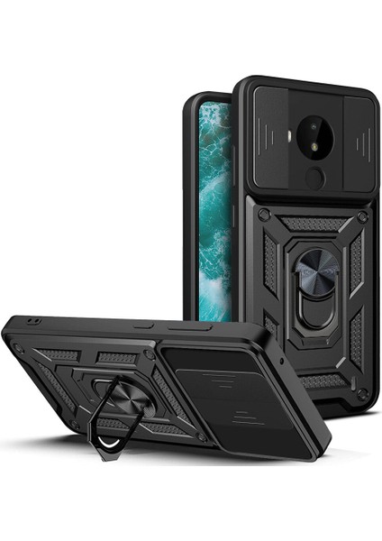 Nokia C30 Için Kaydırmalı Kamera Kapaklı ve Halka Tutucu Standlı Sağlam Zırh Koruma Çantası Kılıf (Yurt Dışından)