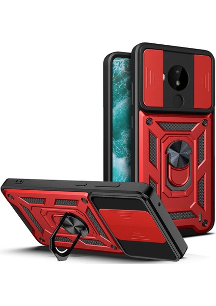 Nokia C30 Için Kaydırmalı Kamera Kapaklı ve Halka Tutucu Standlı Sağlam Zırh Koruma Çantası Kılıf (Yurt Dışından)