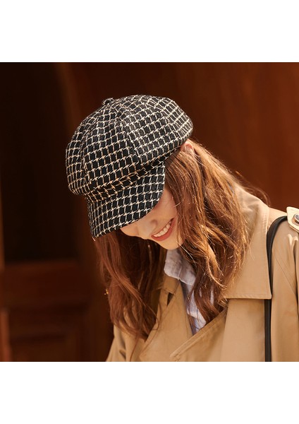 Ördek Şapka Kadın Sonbahar ve Kış Yeni Moda Moda Şapka Mizaç Ingiliz Retro Ekose Klasik Küçük Koku Sekizgen Şapka (Yurt Dışından) modelleri
