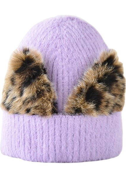 Yünlü Şapka Kore Leopar Kedi Kulak Şapka Kadın Streç Örgü Soğuk Şapka Sıcak (Yurt Dışından)