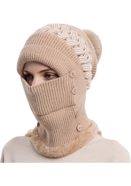Şapka Eşarp Kadın Sonbahar ve Kış Örme Şapka Artı Kadife Sıcak Önlük Kış Bayan Yün Şapka (Yurt Dışından)