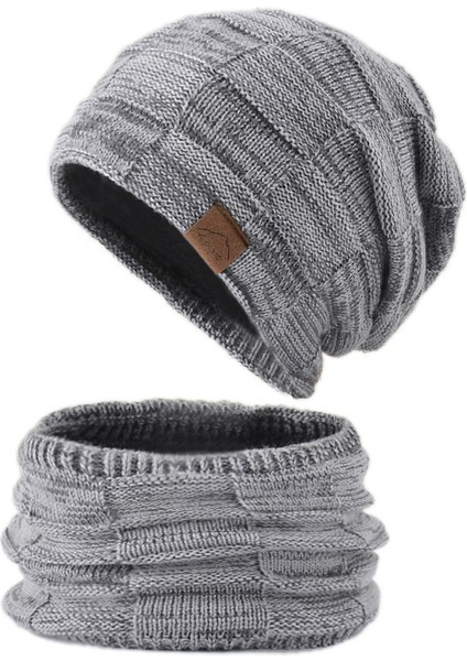 Çift Örme Yün Şapka Eşarp Iki Parçalı Kış Sıcak Önlük Yün Şapka Seti (Yurt Dışından)