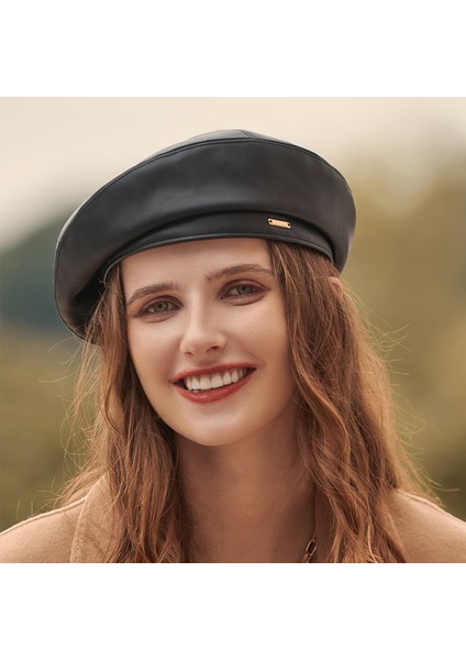 Sonbahar ve Kış Bere Kadın Gelgit Yumuşak Pu Deri Şapka Edebi Retro Ressam Şapka (Yurt Dışından)