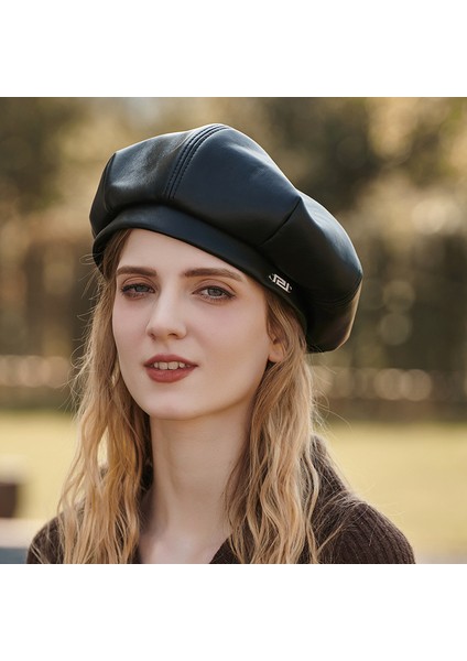 Siyah Bere Kadın Pu Deri Moda Şapka Net Kırmızı Tasarım Duygusu Sekizgen Ressam Şapka (Yurt Dışından) modelleri
