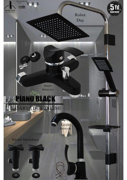 Irmak Lavabo Banyo Bataryası ve Rainy Robot Duş Siyah Banyo Seti Armatür Musluk Batarya Duş