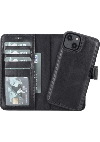 Apple iPhone 14 Uyumlu Deri Cüzdanlı Kılıf Mwwn Rst1 Siyah