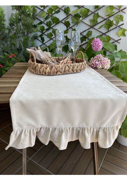 Kadife Dokulu Fırfırlı Vintage Runner Açık Bej