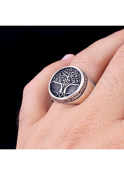 925 Ayar Gümüş Hayat Ağacı Işlemeli Oval Gümüş Yüzük modelleri