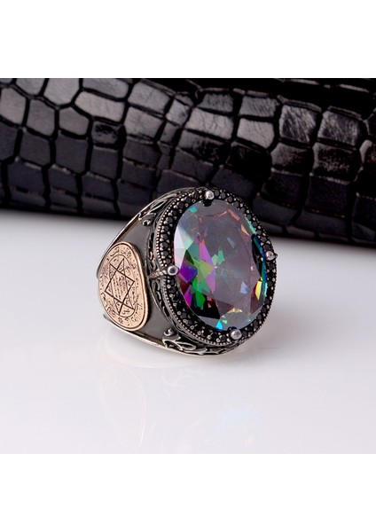925 Ayar Gümüş Mistik Topaz Taşlı Mührü Süleyman Model Yüzük