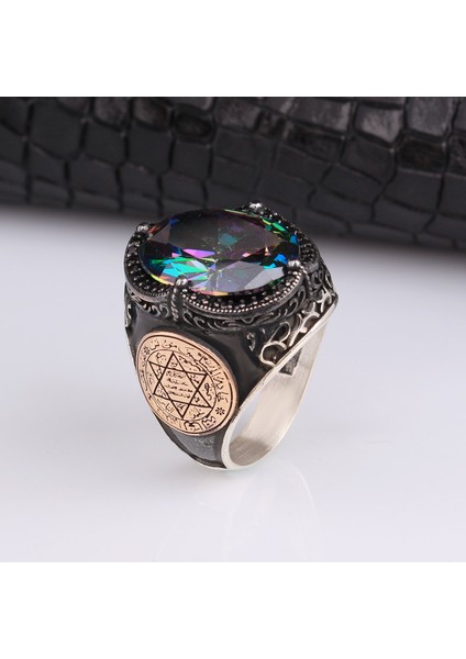 925 Ayar Gümüş Mistik Topaz Taşlı Mührü Süleyman Model Yüzük modelleri