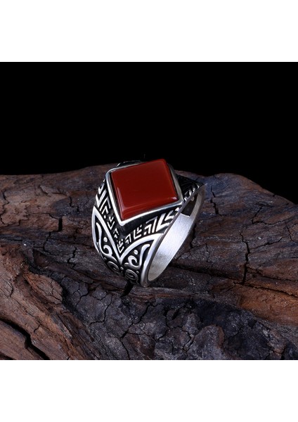 925 Ayar Gümüş Akik Taşlı Kare Model Yüzük