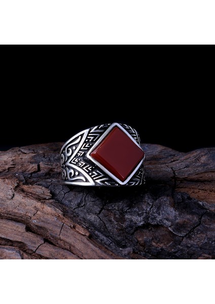 925 Ayar Gümüş Akik Taşlı Kare Model Yüzük fiyatları