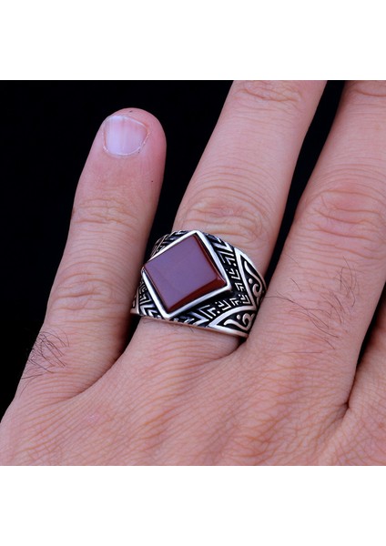 925 Ayar Gümüş Akik Taşlı Kare Model Yüzük fırsatları