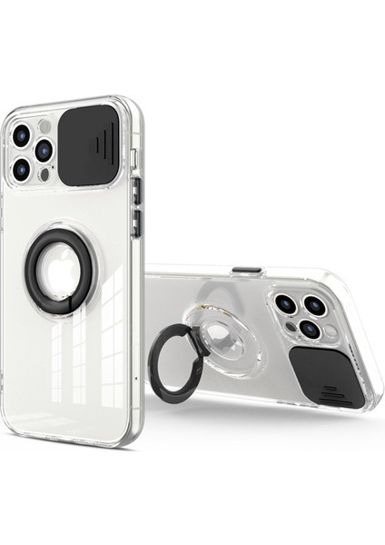Ally iPhone 12 Pro 6.1inç Kılıf Sürgülü Kamera Lens Korumalı Yüzük Standlı Silikon Kılıf