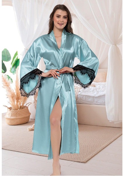 Saten Dantelli Uzun Sabahlık Kimono 5901