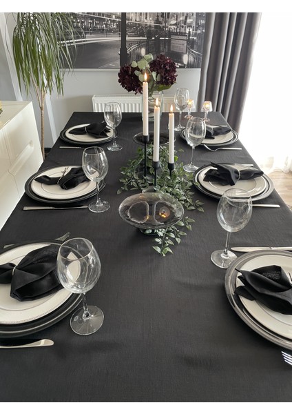 Keten Dokulu Dertsiz Siyah Masa Örtüsü