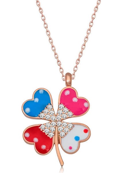 Gümüş Renkli Taşlı Yonca Kadın Kolye