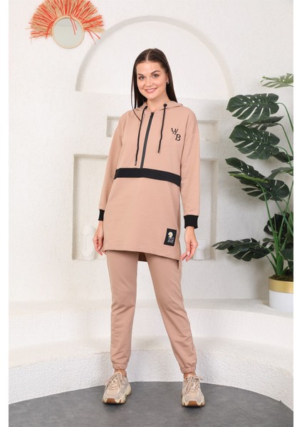 Vizon Renk Kadın Kapüşonlu Sweatshirt - Jogger Spor Takım