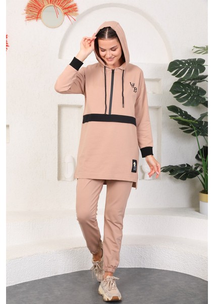 Vizon Renk Kadın Kapüşonlu Sweatshirt - Jogger Spor Takım modelleri