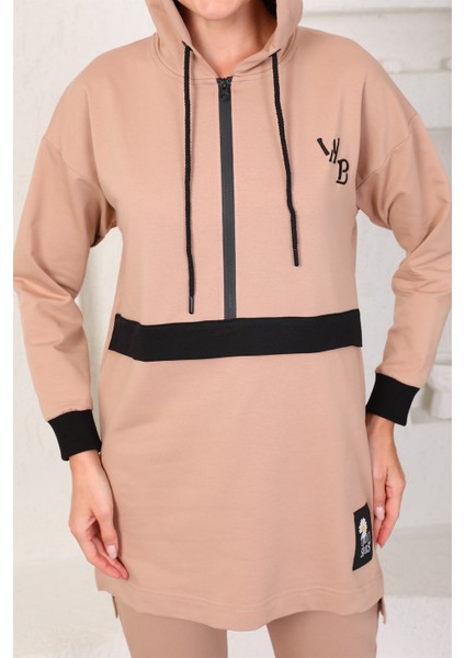 Vizon Renk Kadın Kapüşonlu Sweatshirt - Jogger Spor Takım indirimleri