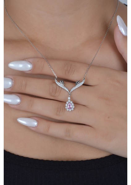 925 Ayar Gümüş Pembe Damla Taşlı Tasarım Kolye