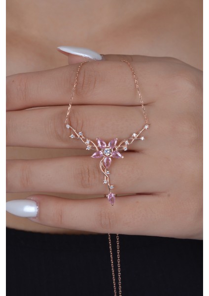 925 Ayar Gümüş Rose Daldaki Gonca Pembe Çiçek Kolye