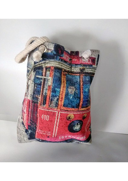 Kedi Taksim Nostaljik Tramvay Dijital Kalın Bez Kumaş Çanta Askılı Omuz Gezi Piknik Plaj Market Çantası 60X39X32 cm
