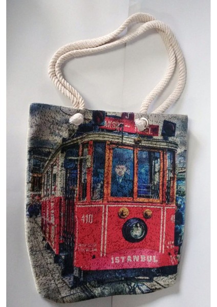 Kedi Taksim Nostaljik Tramvay Dijital Kalın Bez Kumaş Çanta Askılı Omuz Gezi Piknik Plaj Market Çantası 60X39X32 cm fiyatları