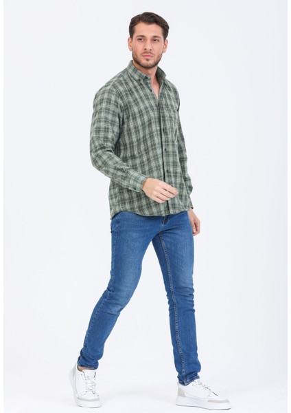 Erkek Yeşil Uzun Kol Kareli Cepli Yaka Düğmeli Kışlık Gömlek fırsatları