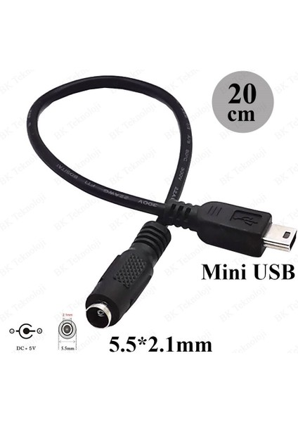 BK Teknoloji Dc Barrel Jack 5.5*2.1mm To Mini USB 5 Pin Çevirici Power Kablosu