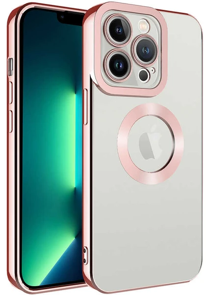 Case 4U iPhone 14 Pro Kılıf Kamera Lens Korumalı Şeffaf Renkli Logo Gösteren Parlak Omega Kapak Rose Gold