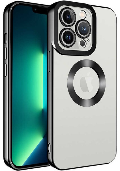 Case 4U iPhone 13 Pro Kılıf Kamera Lens Korumalı Şeffaf Renkli Logo Gösteren Parlak Omega Kapak Siyah