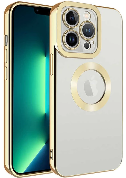 Case 4U iPhone 12 Pro Max Kılıf Kamera Lens Korumalı Şeffaf Renkli Logo Gösteren Parlak Omega Kapak Altın