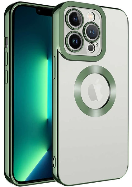 Case 4U iPhone 12 Pro Max Kılıf Kamera Lens Korumalı Şeffaf Renkli Logo Gösteren Parlak Omega Kapak Yeşil