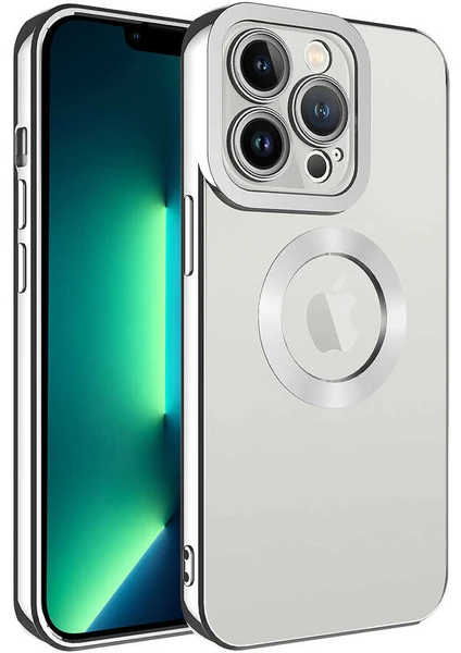 Case 4U iPhone 12 Pro Max Kılıf Kamera Lens Korumalı Şeffaf Renkli Logo Gösteren Parlak Omega Kapak Gümüş