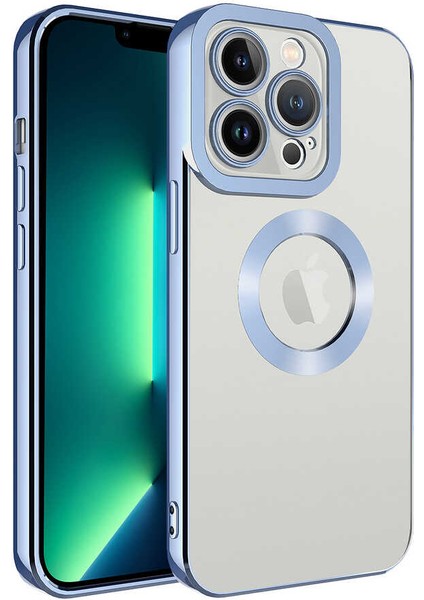 iPhone 12 Pro Max Kılıf Kamera Lens Korumalı Şeffaf Renkli Logo Gösteren Parlak Omega Kapak Açık Mavi