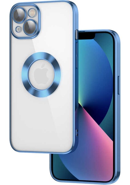 iPhone 13 Kılıf Kamera Lens Korumalı Şeffaf Renkli Logo Gösteren Parlak Omega Kapak Açık Mavi