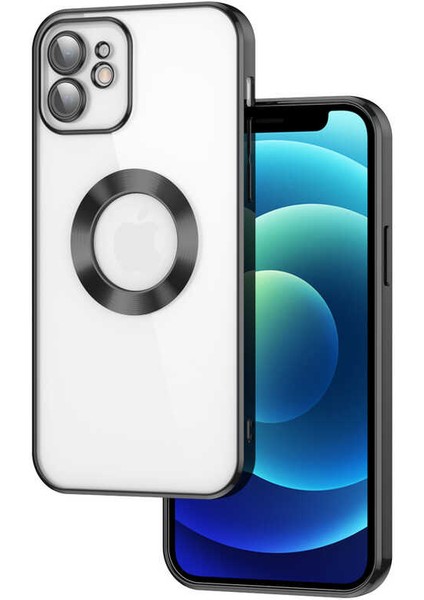 iPhone 12 Kılıf Kamera Lens Korumalı Şeffaf Renkli Logo Gösteren Parlak Omega Kapak Siyah