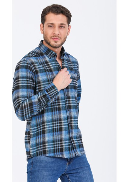 Erkek Mavi Uzun Kol Kareli Cepli Yaka Düğmeli Kışlık Gömlek