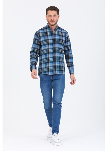 Erkek Mavi Uzun Kol Kareli Cepli Yaka Düğmeli Kışlık Gömlek fiyatları