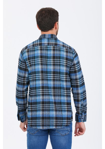 Erkek Mavi Uzun Kol Kareli Cepli Yaka Düğmeli Kışlık Gömlek modelleri