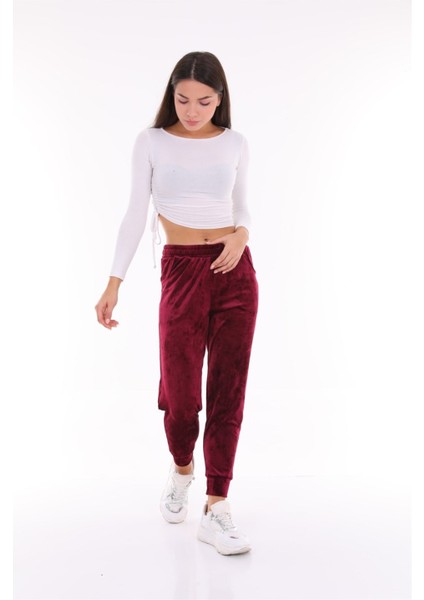 Mürdüm Renk Kadife Eşofman Altı Pijama Jogger Model