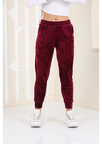 Mürdüm Renk Kadife Eşofman Altı Pijama Jogger Model