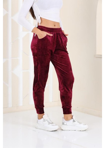 Mürdüm Renk Kadife Eşofman Altı Pijama Jogger Model